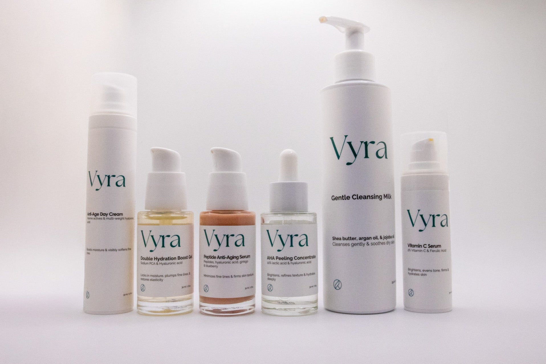Collection of Vyra skincare products on a white background